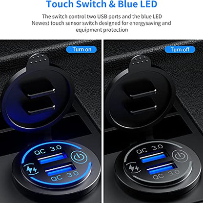KEWIG Quick Charge 3.0 Dual USB Charger Socket Waterproof 36W 12V 24V USB Outlet Fast Charge with Touch Switch & Blue LED DIY Kit for Car Boat Marine ATV Bus Truck Golf Cart and More