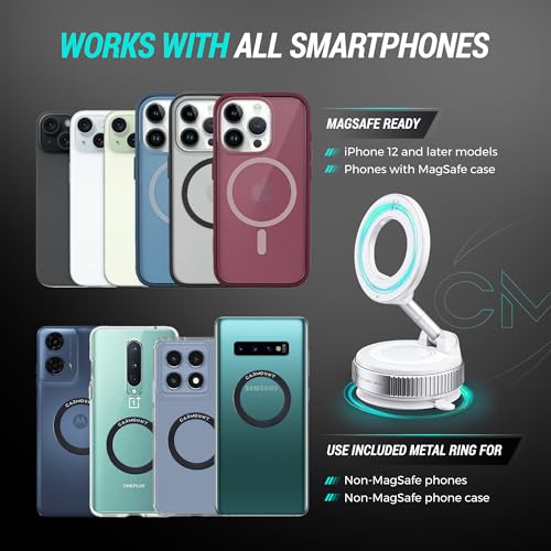 CARMOUNT Clutch-X™ White – Upgraded Vacuum Phone Mount Suction Cup Car Phone Holder for iPhone, Window Phone Mount, 360° Vacuum Magnetic Phone Holder for Car, Magnetic Phone Holder with Suction Cup - color: White