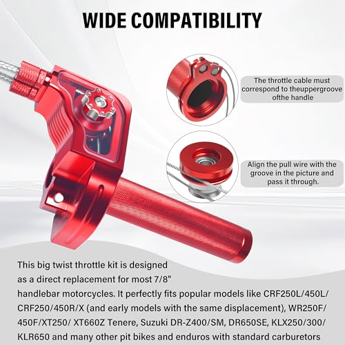 Universal 7/8" Big Twist Throttle Assembly, Dual Push-Pull Cable with Transparent Window for 110-650cc Dirt Pit Bike, Motocross, ATV & Quad, CNC Aluminum Quick Twister Throttle Grip (Red) - color: Red