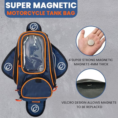 reygeak Motorcycle Tank Bag，Waterproof, with super magnetic thickened magnet blue orange 1680D PVC petrol tank bag, large window cell phone bag, suitable for Suzuki Kawasaki Honda Harley Yamaha. - color: Sapphire Blue