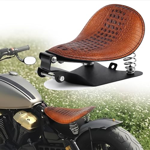 Crocodile Pattern Motorcycle Solo Seat with Springs, PU Leather Bobberx Custom Driver Seat Cushion for Harley Sportster XL883 XL1200 Bobber Chopper, Fits Honda Yamaha Kawasaki Suzuki (Brown) - style: Brown
