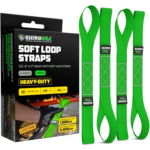 Rhino USA Soft Loop Tie Down Straps (4-Pack) - 1.6 Inch x 17 Inch (5,000 lbs Break Strength) Heavy Duty Motorcycle Handlebar Straps for use with Ratchets for ATV, UTV, Dirt Bike (Green) - color: Green 4-Pack