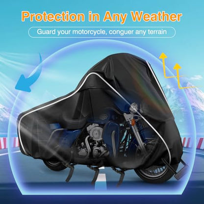 Motorcycle Cover for Harley Davidson Touring Models Road King Road Glide Street Glide Electra Glide,420D Heavy Duty Waterproof Outdoor Protection Motorbike Cover with Soft Cotton Lining & Lock Hole