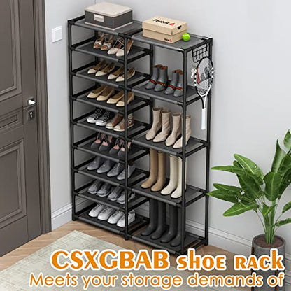 CSXGBAB Tall Garage Shoe Rack Large Capacity,Two Rows Versatile Hooks Storage Boot Shelf Black 24-35 Pairs - size: 9-tier