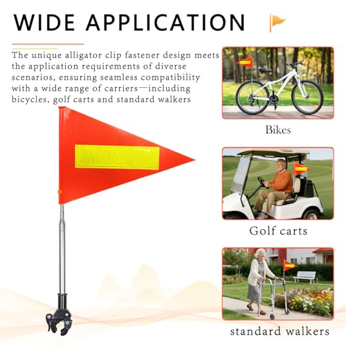 Orange Safety Flag with Reflective Strip and 5.3 Feet Retractable Pole, Orange Warning Flags Suitable for Mobility Scooter, Rollators and Wheelchairs, Set with Pole and Mount for Safety