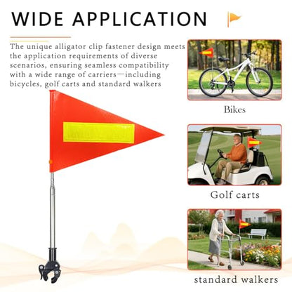 Orange Safety Flag with Reflective Strip and 5.3 Feet Retractable Pole, Orange Warning Flags Suitable for Mobility Scooter, Rollators and Wheelchairs, Set with Pole and Mount for Safety