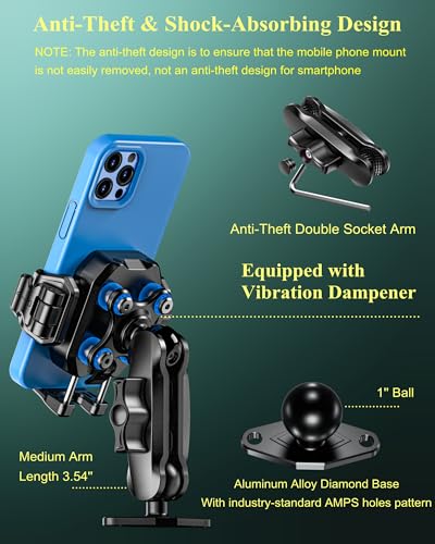 BRCOVAN Anti-Theft Phone Mount Holder with Vibration Dampener, 1s Locking | Don't Block Camera, with Aluminum Diamond Base & Medium Arm, for Car Boat Truck Motorcycle UTV, Fit 5.4-7.2'' Smartphones
