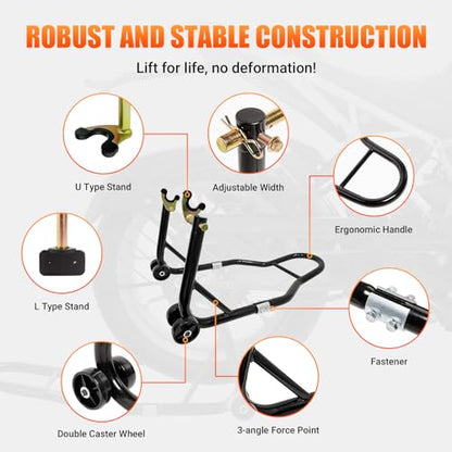 Motorcycle Rear Wheel Stand, with U + L Fork Swingarm Spool, 850lbs Capacity Universal Paddock Lift Jack Stand, Compatible With Most Yamaha Honda Kawasaki Suzuki BMW Motorcycles(New Update)