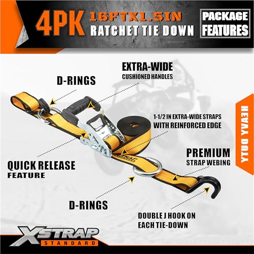 XSTRAP STANDARD 4 Pack 1.5" x 16' Ratchet Straps Double J Hook - 1,100 lb Capacity, 3,300 lb Break Strength, Heavy Duty Tie Down Straps for Truck, Motorcycle & Cargo Hauling - style: 4pk 1.5'' x 16' 3300lbs yellow