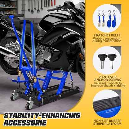 1500 Lbs Hydraulic Moto Lift, Foot-Operated, 3-Speed Lock & Belts, Blue | 1500 Lbs Hydraulic Moto Lift, Foot-Operated Jack, 9.4"-14" Height, 3-Speed Lock, 2 Ratchet Belts, for ATV/UTV - color: Blue