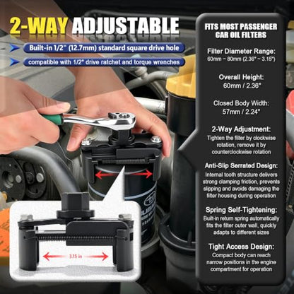 Universal Adjustable Oil Filter Wrench, 60-80mm Cap Style Oil Filter Removal Tool with Auto-Clamp Spring for Motorcycle, Car, Small to Medium Spin-on Filters