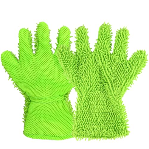 2PCS Car Wash Mitt, 5 Finger Chenille Microfiber Cleaning Mitt for Cars, Scratch-Free Auto Washing Gloves, Car Interior Exterior Cleaning Gloves, Great for Hard-to-Reach Areas (Green) - color: Green
