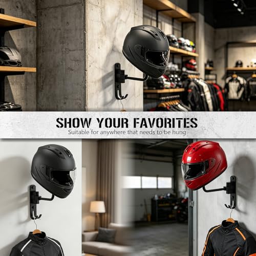 Helmet Hanger Wall Mount, Helmet Holder 180° Rotation Metal material Helmet Rack with Double Hook for Football Helmet, Bicycle Helmet, Hat, Cap, Sportswear, Motorcycle Accessories (2 PCS)