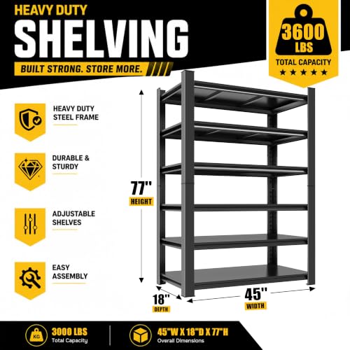 Heavy Duty Garage Shelving, 6-Tier Metal Garage Storage Shelves, Adjustable Steel Shelving Unit, Wide Tall Storage Rack for Garage Warehouse, Black, 45" W x 18" D x 77" H - size: 6TIER-45"W X 18"D X 77"H