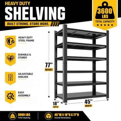 Heavy Duty Garage Shelving, 6-Tier Metal Garage Storage Shelves, Adjustable Steel Shelving Unit, Wide Tall Storage Rack for Garage Warehouse, Black, 45" W x 18" D x 77" H - size: 6TIER-45"W X 18"D X 77"H