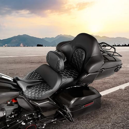 CC RIDER Gel Seat Driver Passenger Seat and Driver+ Tour Trunk Backrests Fit For Harley Touring 2014-2023 Street Glide Road Glide Road King Electra Glide,Black Hexagon - color: 23# Gel Black+ 2 Backrests