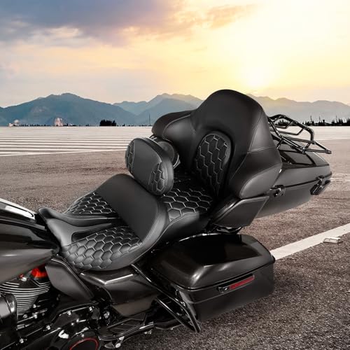 CC RIDER Gel Seat Driver Passenger Seat and Driver+ Tour Trunk Backrests Fit For Harley Touring 2014-2023 Street Glide Road Glide Road King Electra Glide,Black Hexagon - color: 23# Gel Black+ 2 Backrests