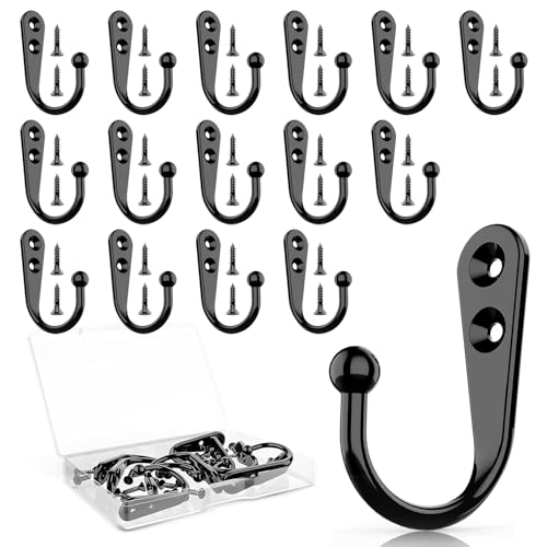 15 Pcs Black Coat Hooks - Wall Hooks for Closet Hanging, Multi-Room Use (Bathroom/Bedroom/Kitchen), Holds Coats/Towels/Scarves/Hats/Keys/Cups, Includes 30 Screws - color: 15pcs hook + Black