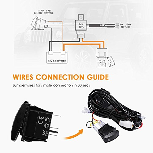 Wiring Harness 2 Lead, Auxbeam 12V 5Pin Rocker Switch with 3Pcs Switching Lines, On Off Switch Power Relay Fuse for LED Light Bars Work Light Driving Lights
