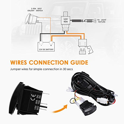 Wiring Harness 2 Lead, Auxbeam 12V 5Pin Rocker Switch with 3Pcs Switching Lines, On Off Switch Power Relay Fuse for LED Light Bars Work Light Driving Lights