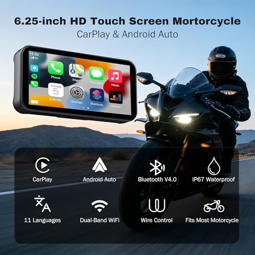 6.25" Motorcycle Carplay & Android Auto Touch Screen | GPS Navigation System with Bluetooth & Wifi, Navigation, Siri, Google Assistant with Wire Control