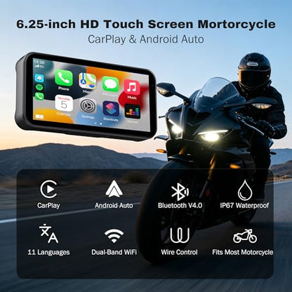 6.25" Motorcycle Carplay & Android Auto Touch Screen | GPS Navigation System with Bluetooth & Wifi, Navigation, Siri, Google Assistant with Wire Control