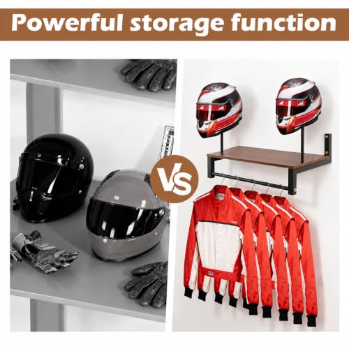 Motorcycle Helmet Holder Wall Mount, 2 Helmet Stands with Gear Rail and 4 Detachable Clips, Wood and Metal Helmet Rack, 16.14 x 10.24 x 13.38 in, Includes Storage Bag and Hardware