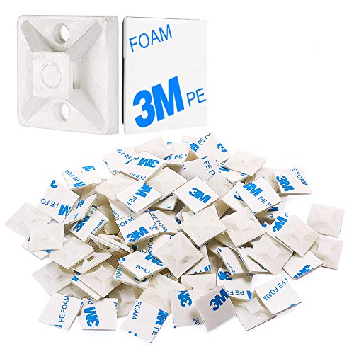 XHF 100 PCS 3/4" White Self Adhesive Cable Zip Tie Mounts Wire Cable Clips Holders Management Anchors Organizer Holders Squares(HS-101S) - color: White, size: 3/4"-100pcs