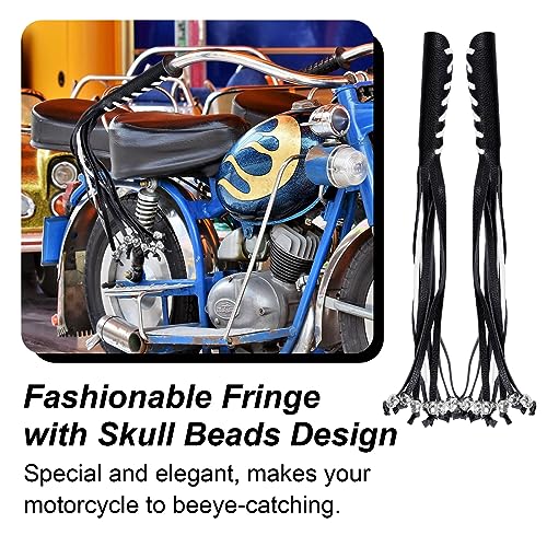 Motorcycle Lever Cover PU Leather Fringed Brake Clutch Covers Universal Grip Tassels Motorcycle Handlebar Covers with Skull Beads - color: Black with White Strap
