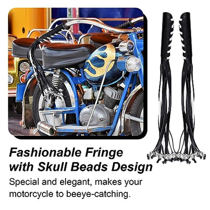 Motorcycle Lever Cover PU Leather Fringed Brake Clutch Covers Universal Grip Tassels Motorcycle Handlebar Covers with Skull Beads - color: Black with White Strap