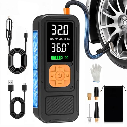 Y34 Tire Inflator Portable Air Compressor,4X Faster Inflation,10000mAh Cordless/12V DC 150PSI Air Pump for Car Tires with Digital Pressure Gauge/LED Light for Car,Motorcycle,Bike,Ball - color: Orange, size: 10000mAh