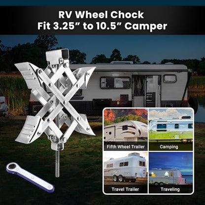 X-Shaped RV Wheel Chock Fit 3.25” to 10.5” Camper Wheel Chock Stabilizer Scissor with Accessories Pair for Travel Trailer, Heavy Duty Tire Wheel Chock Scissor Locking X Chock, 2Pack - size: 10.5inch 2pc