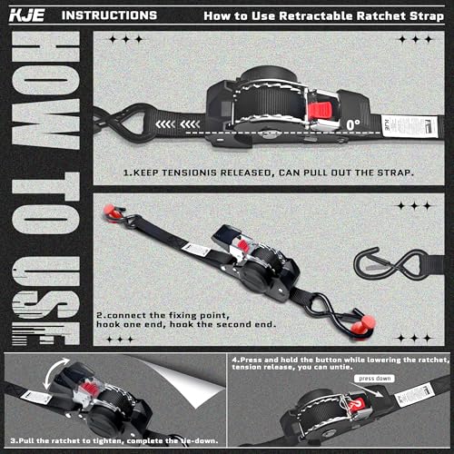 KJE Retractable Ratchet Straps, (4) 1" x 10' Tie Down Strap + (4) Soft Loop - Heavy Duty 1,650lb Max Break Strength, S-Hook with Clip, Self Retracting Ratchet Strap for Motorcycle, Kayak, ATVs, Boats