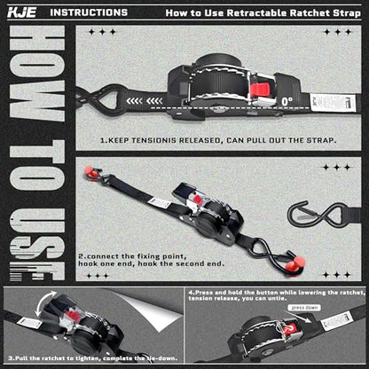 KJE Retractable Ratchet Straps, (4) 1" x 10' Tie Down Strap + (4) Soft Loop - Heavy Duty 1,650lb Max Break Strength, S-Hook with Clip, Self Retracting Ratchet Strap for Motorcycle, Kayak, ATVs, Boats
