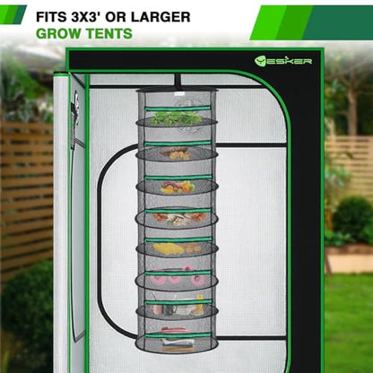 Yesker 8 Layer Herb Drying Rack Hanging Mesh Net Foldable Plant Drying Racks 24" w Green Zipper Pruning Shears Hook Dryer Hanging Rack for Herbs Seed Bud Fruit Clothes Grow Tent Closets Garden Outdoor - size: 8 Layers Green & Black