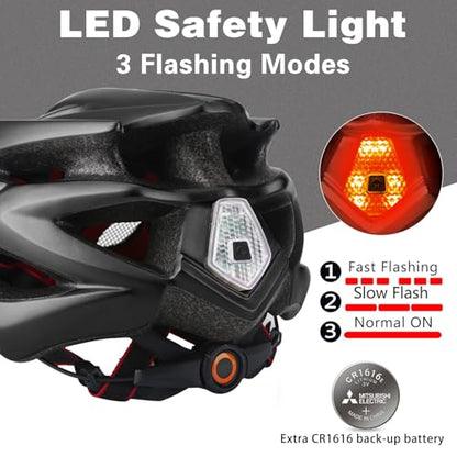 Bike Helmet Men Women, Shinmax Bicycle Helmet with Rear Light and Detachable Visor - color: Black, size: Medium (54-58 cm)