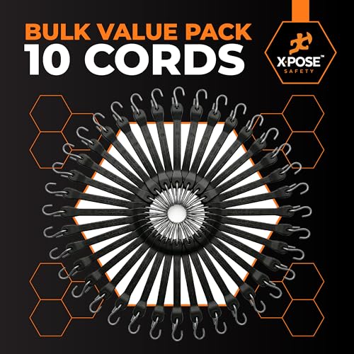 Rubber Bungee Cords with Hooks 10 Pack 21 Inch (32” Max Stretch) Heavy-Duty Black Tie Down Straps for Outdoor, Tarp Covers, Canvas Canopies, Motorcycle, and Cargo - by Xpose Safety - size: 21"