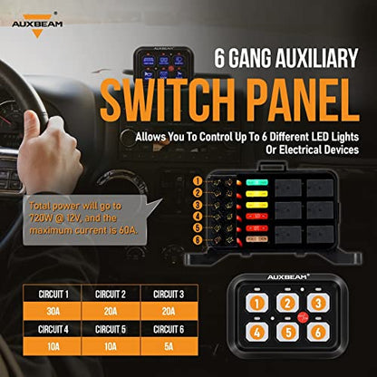 Auxbeam 6 Gang Switch Panel BC60 Universal Circuit Control Relay System Automatic Dimmable LED Switch Pod Touch Control Panel Switch Box for Car Truck Pickup Boat UTV SUV - Blue, 3 Years Warranty - size: 6 Gang, style: Blue (Without APP)