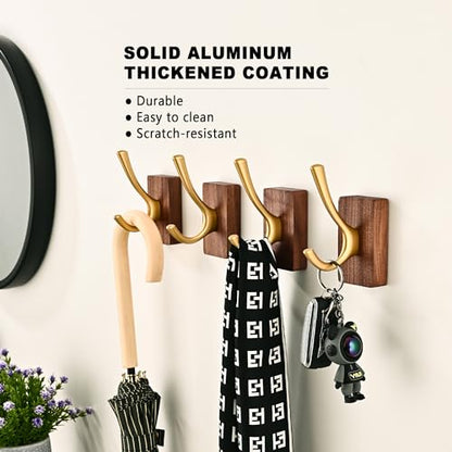 4 Pack Walnut Wood Wall Coat Hooks for Hanging, Adhesive Mounted & Wall Mount Heavy Duty Wooden Double Hook Hanger for Towel Backpack Hat Jacket Clothes Blanket Purse Robe Key Gold Hook - color: Gold Coat Hooks