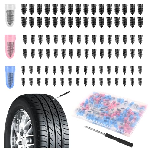 100PCS Tire Plugs Kit,3 Sizes Tire Repair Rubber Nails Kit for Self-Service with Screwdriver,Professional Screw in Tires Plugs Kits as Complete Tires Repair Kits for Emergency Use - color: Black