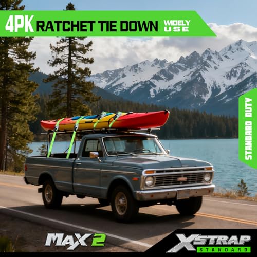 XSTRAP STANDARD 4 Pack 1" x 15Ft Ratchet Tie Down Straps - 500Lbs Load Cap, 1500Lb Break Strength, Heavy Duty Cargo Straps for Moving Appliances, Lawn Equipment & Motorcycle, Green - style: 4pk 1inchx15ft 1500lbs green