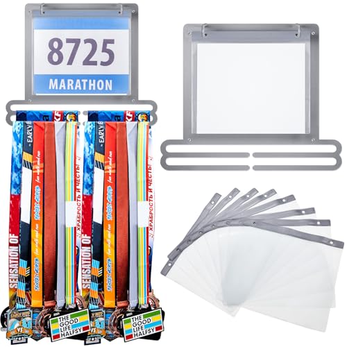 Moxweyeni Race Medal and Bib Display Medal Hanger Running Bib Holder Wall Mounted Hanging Rack Stands Gifts for Runners - color: Silver Gray, size: 13.78 x 11.22 Inch, style: Classic