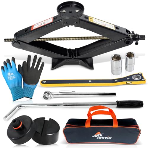 Car Jack Kit 3 Ton (6,600 lbs) with Tesla Pad & Universal Rubber Pad | Scissor Jack for Car - Tire Jack Tool Kit | Portable, Ideal for SUV and Auto - Universal Emergency Kit with Lug Wrench - size: Car Jack Kit 3 Ton + pads/gloves/tire press