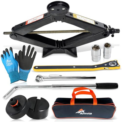 Car Jack Kit 3 Ton (6,600 lbs) with Tesla Pad & Universal Rubber Pad | Scissor Jack for Car - Tire Jack Tool Kit | Portable, Ideal for SUV and Auto - Universal Emergency Kit with Lug Wrench - size: Car Jack Kit 3 Ton + pads/gloves/tire press