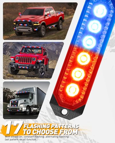 HLauto 406T Emergency Strobe Grille Lights: 4Pcs 6 LED Sync Feature Safety Warning Flashing Light, 12V-24V Ultra Slim Surface Mount Hazard Caution Light for Truck, Vehicle, Car, ATV, UTV (Red Blue) - color: Red/Blue