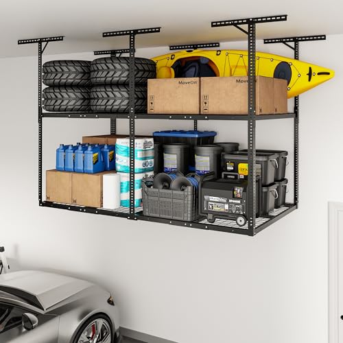 FLEXIMOUNTS 4x8 2-Tier Garage Ceiling Storage Rack, Adjustable Overhead Garage Storage System, Heavy Duty Metal Shelving, 1000 lbs Capacity, Ideal for 9–15 ft High Ceilings, Black - color: Black, size: 2-Tier 4x8 ft
