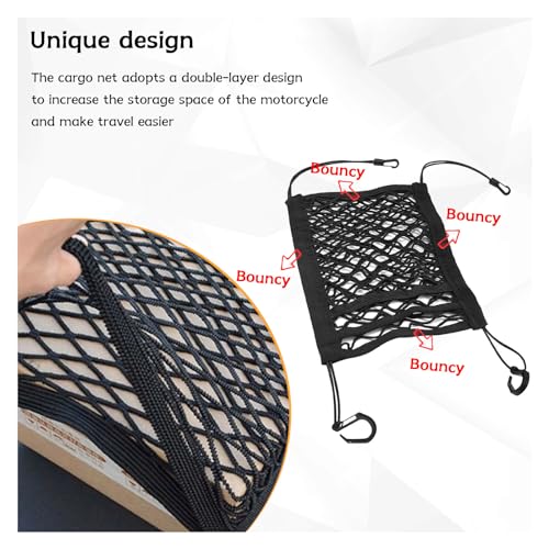 Motorcycle Cargo Net for Helmet Storage, 9.4''×10.6'' High Elastic Triple Layer Bungee Net with 4 Hooks, Car Seat Mesh Storage Pocket, Luggage Strap Rack Expansion Organizer (4 Elastic Edges)
