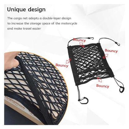 Motorcycle Cargo Net for Helmet Storage, 9.4''×10.6'' High Elastic Triple Layer Bungee Net with 4 Hooks, Car Seat Mesh Storage Pocket, Luggage Strap Rack Expansion Organizer (4 Elastic Edges)