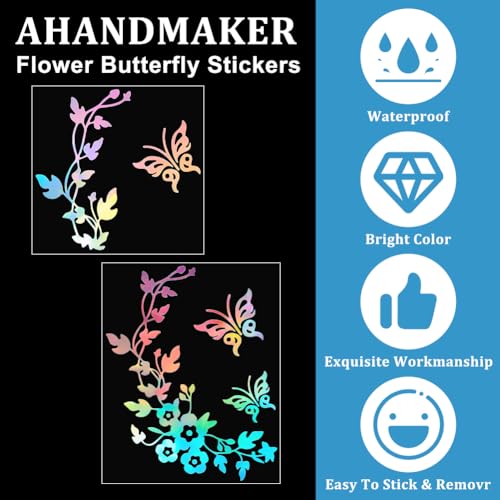 AHANDMAKER 8Pcs Waterproof Car Stickers and Decals, 2 Style Flower Butterfly Self Adhesive Reflective Sticker Decal Safety Driving Reflective Decal for Car, Motorcycle, Helmet, Window, Home Decor