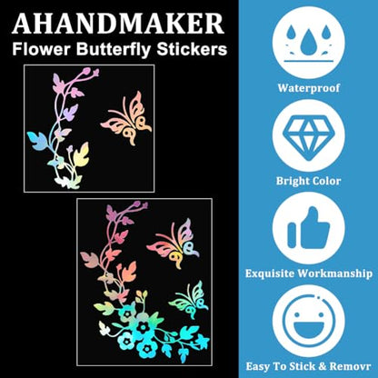 AHANDMAKER 8Pcs Waterproof Car Stickers and Decals, 2 Style Flower Butterfly Self Adhesive Reflective Sticker Decal Safety Driving Reflective Decal for Car, Motorcycle, Helmet, Window, Home Decor